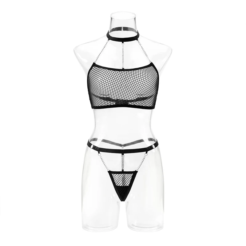 Two-Piece Summer Sexy Lingerie Female Nudity Mesh Bodysuit Sheer Exotic Underwear Halterneck Fishnet Fetish Wear Porno Costume