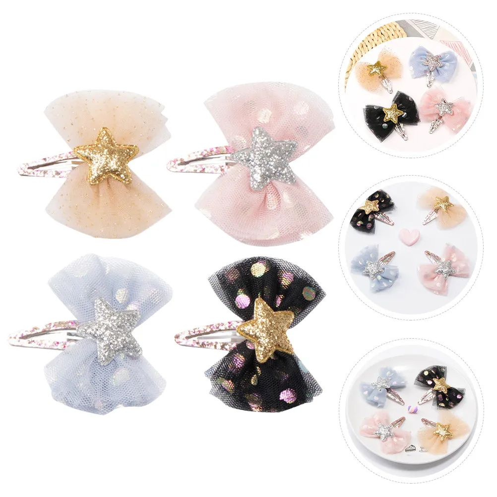 

4pcs Bow Hairpins Shiny Stars Hair Clips Bow Knot Barrettes Decorative Hair Accessories For Headdress
