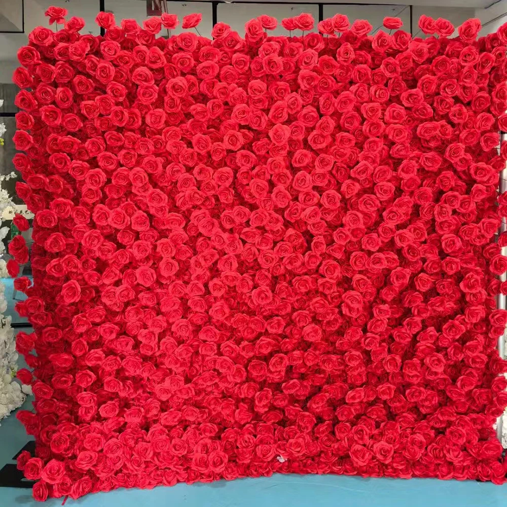 

Wedding Stage Floral Wall Backdrop Decor High Quality Red Rose Flower Wall Curtain Mat Roll Up Cloth Fabric Silk Flower Wall