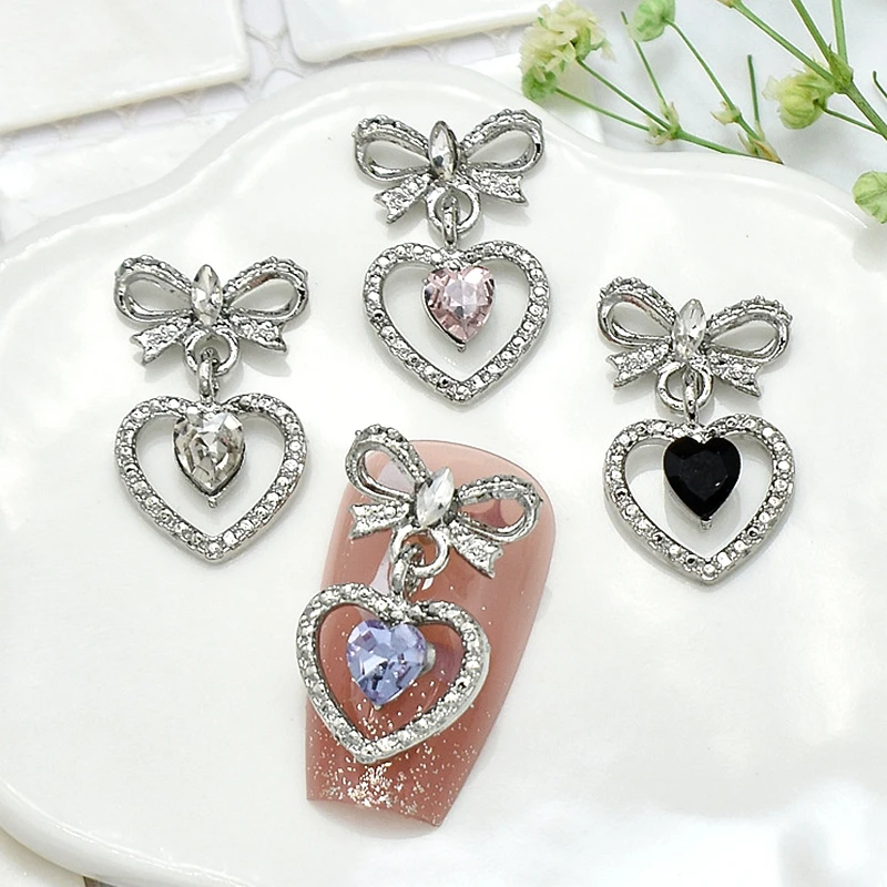 10PCS Luxury Alloy Bow Tie Nail Art Pendant Love Heart Rhinestone Charms Accessories For Nails Decoration Manicure Supplies Tool