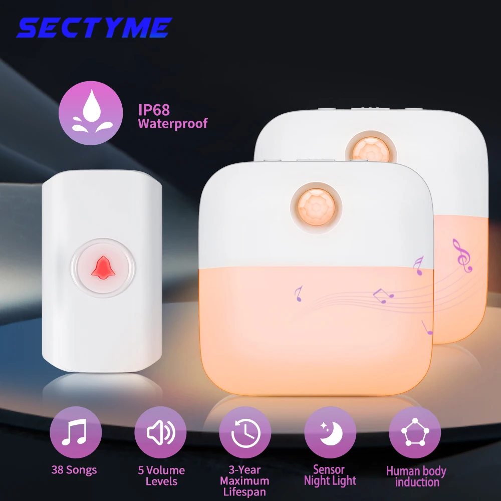 sectyme campainha sem fio inteligente impermeavel 250m remoto smart door bell night light chime home bem vindo 01