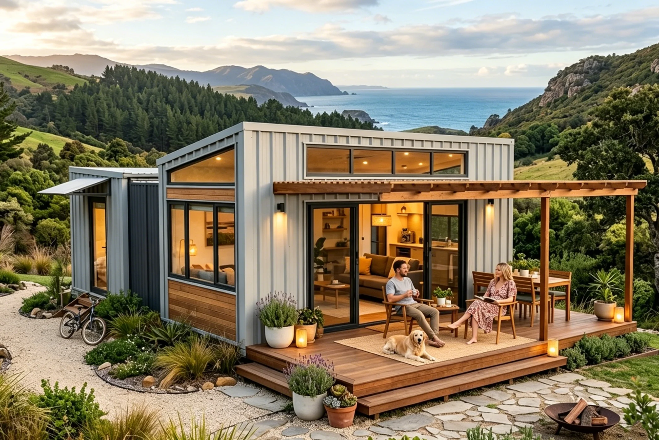 Luxury Prefab House Modular Bedroom Bathroom Kitchen villa style living in modern suburban backyard with outdoor lounge setup