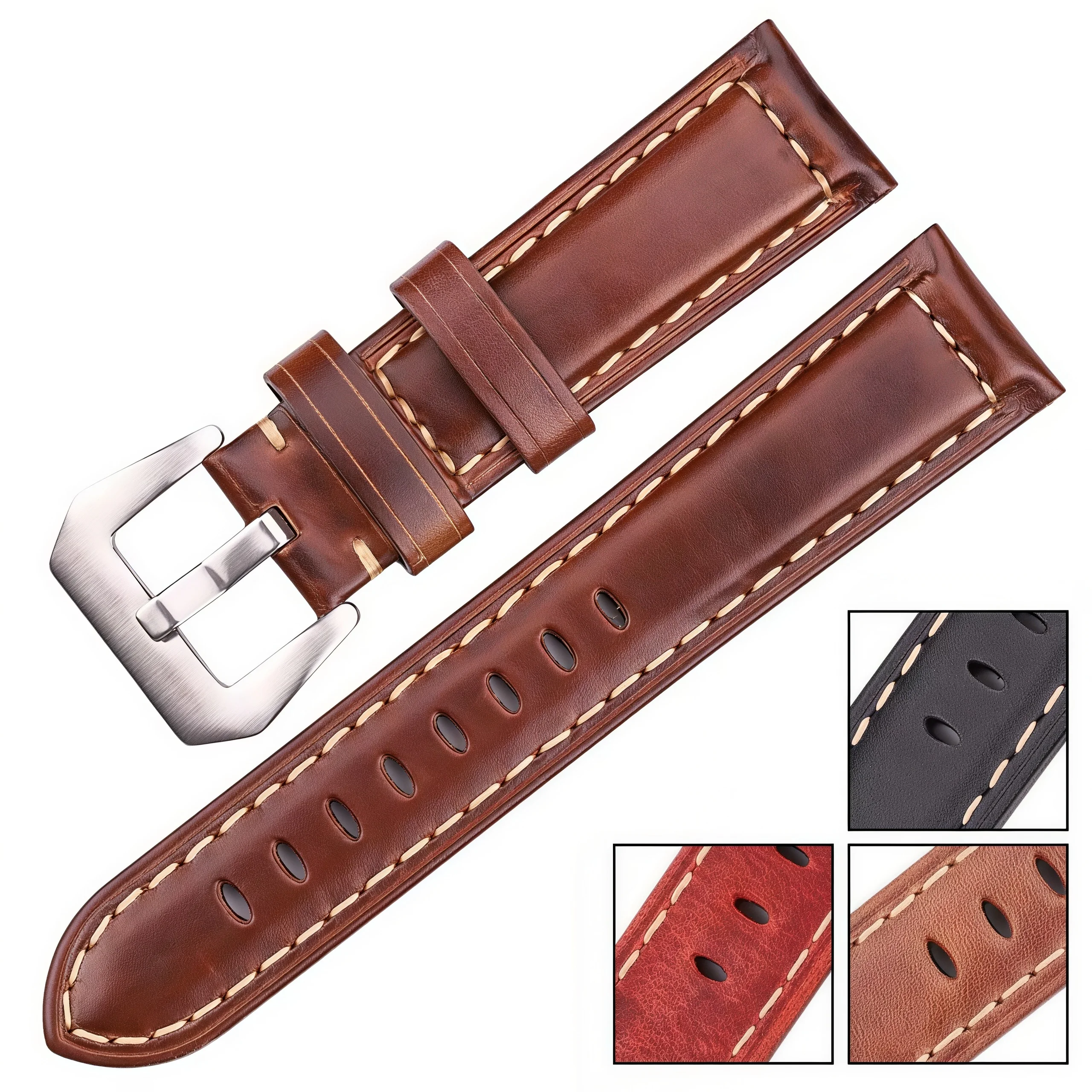 

Padded Genuine Leather Watch Strap 20mm 22mm 24mm Vintage Cowhide Watch Band Stainless Steel Pin Buckle Accessories for Men