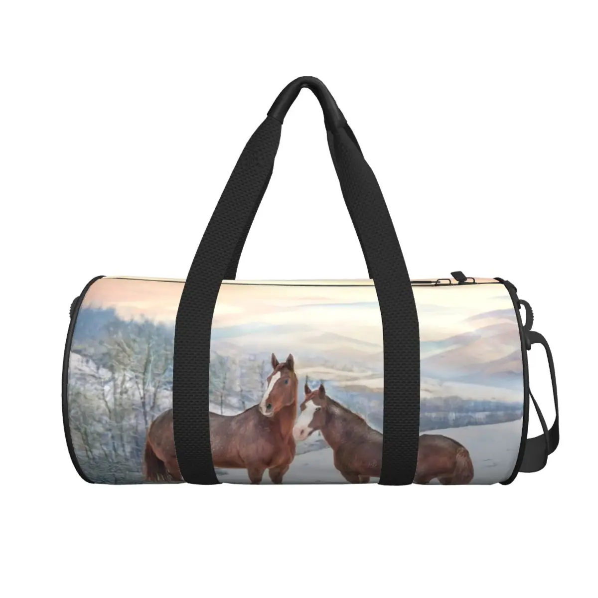 

Большая спортивная сумка с лошадьми со снегом и закатом, водонепроницаемая дорожная сумка, сумки для фитнеса