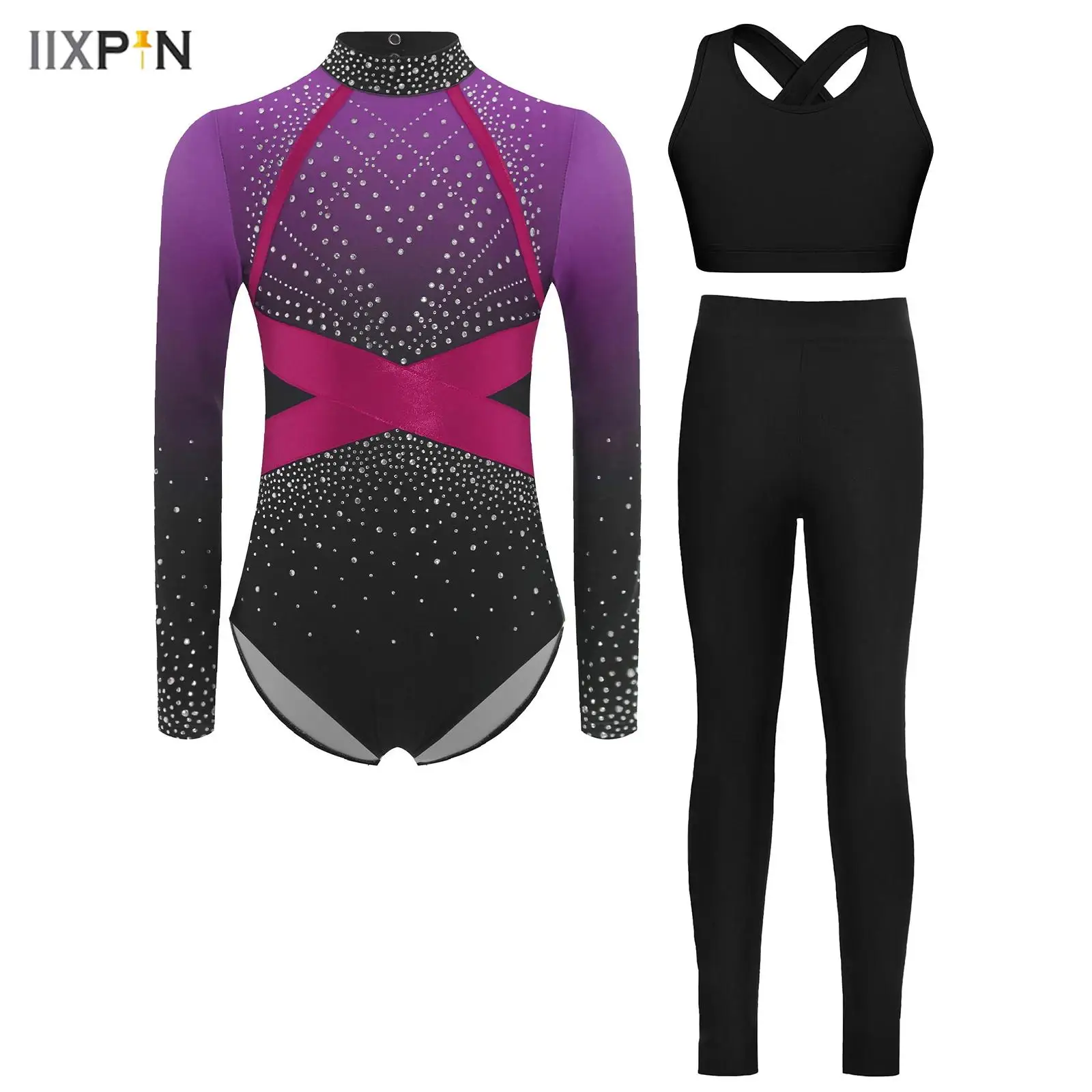 

3Pcs/Set Kids Girls Gymnastics Figure Skating Dance Outfit Long Sleeve Mock Neck Rhinestone Color Block Leotard+Vest+Leggings