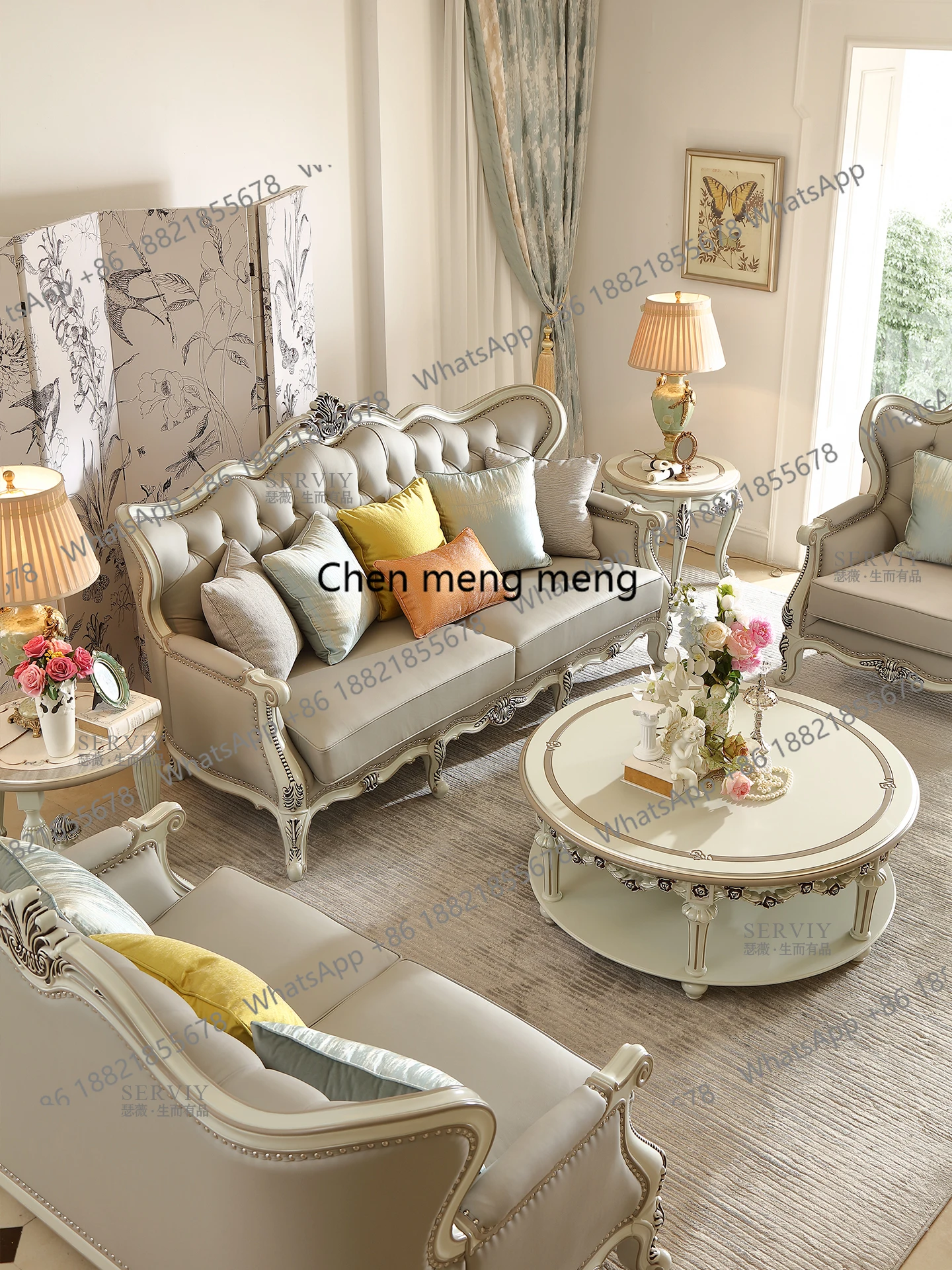 French light luxury solid wood leather sofa European court carved large flat floor living room sofa group