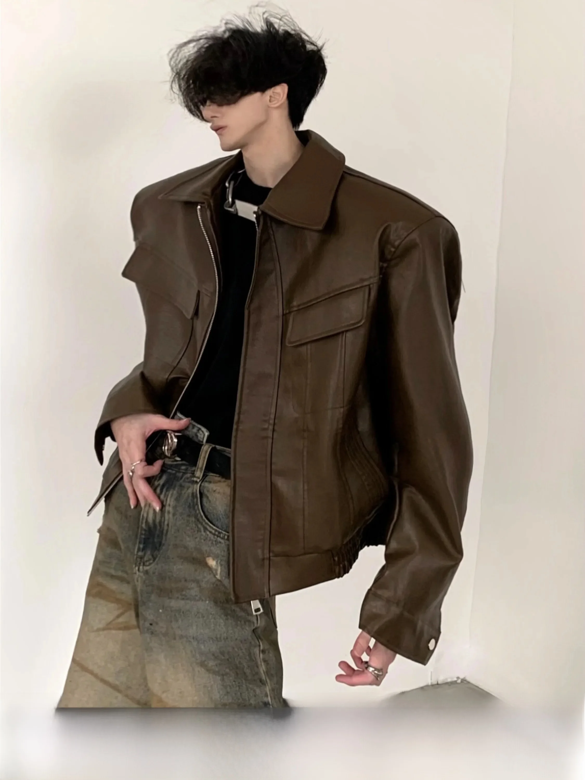 Autumn Mountain Wind Original American Retro Brown Leather Jacket Men's Short Motorcycle Padded Shoulder Design Casual Fashion