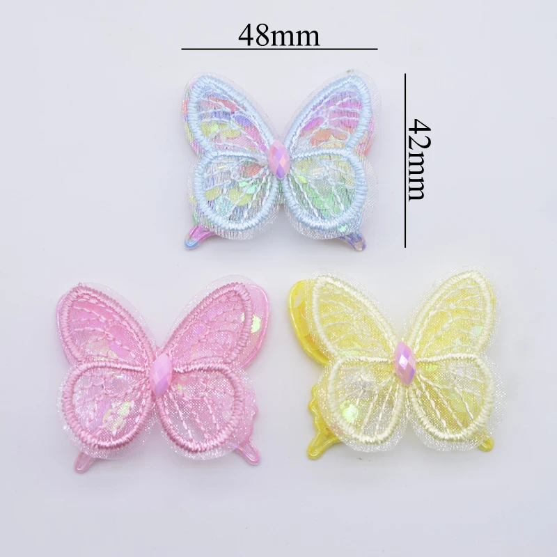 10Pcs 48*42mm Mesh Seaquins Double Butterfly Appliques for DIY Headwear Hair Clips Bow Decor Clothes Hat Shoes Sewing Patches