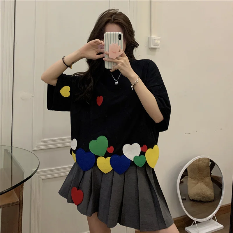 Summer Women Casual Loose Short T-shirt O-Neck Short-sleeved Colorful Love Heart Appliques Tshirt Teenagers Kawaii Tee Tops