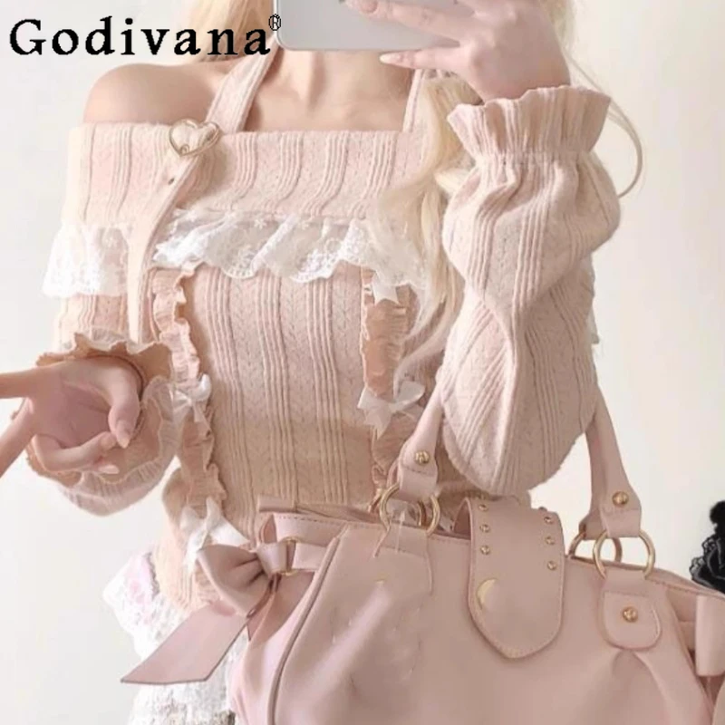 

Off Shoulder Halter Lace Long Sleeve Top for Women Autumn New Slim Fit Knitted Sweater Female Japanese Style Lolita Jumpers