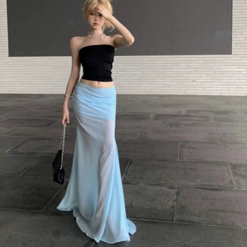 Deeptown Elegant Sexy Tulle Long Skirt Women Coquette Fashion Transparent Skirt Blue Sweet A-line Solid Aesthetics Casual Skirts