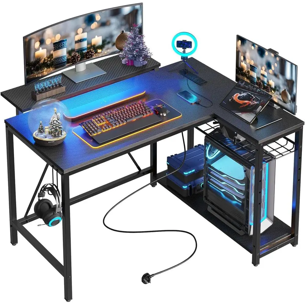 

LED-Illuminated 42 L-Shaped Gaming Desk with Power Outlets, Carbon Fiber Finish, Ideal for Compact Spaces