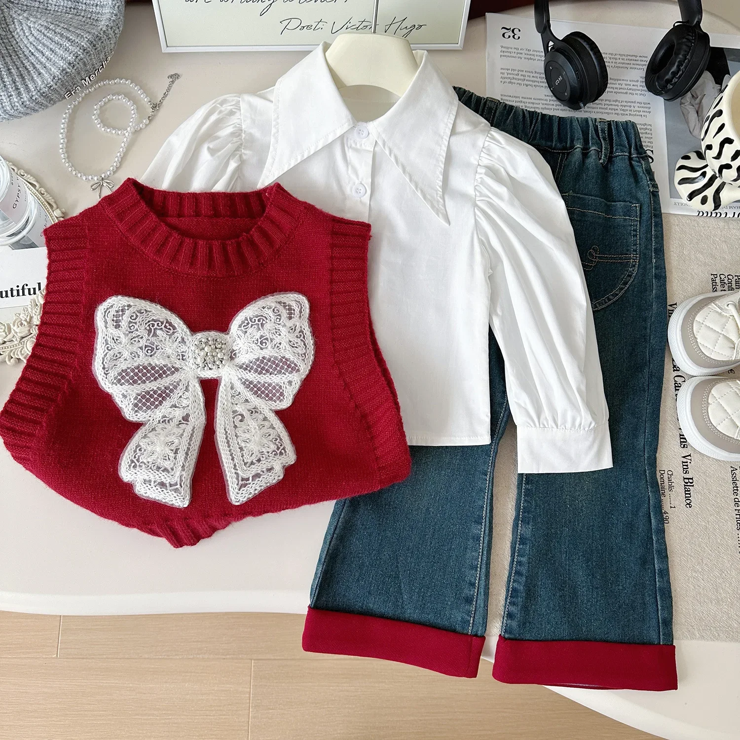 Girl Set 2024 Autumn New Korean Girls Shirt Bow Vest Paired with Denim Pants Temperament Three Piece Set