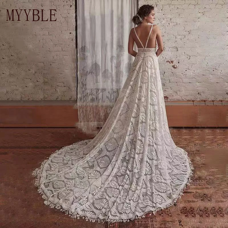 

Custom Made Sexy Boho Bridal Wedding Dresses Removable Long Sleeve A-Line Beach Deep V Neck Plus Size Lace Vestidos De Noiva