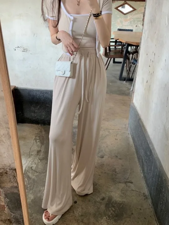 Summer 2025 Casual Spor Tee-Piece Set with Strap Vest Jaet High Waist Wide Leg Pants Ensemble Faionable Women's Suit