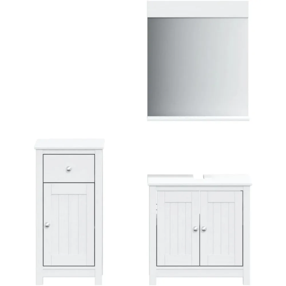 Bathroom Furniture Set 3 Piece, Bathroom Cabinet with Storage, Wall Mirror for Bathroom, Modern Style, BERG White Solid W
