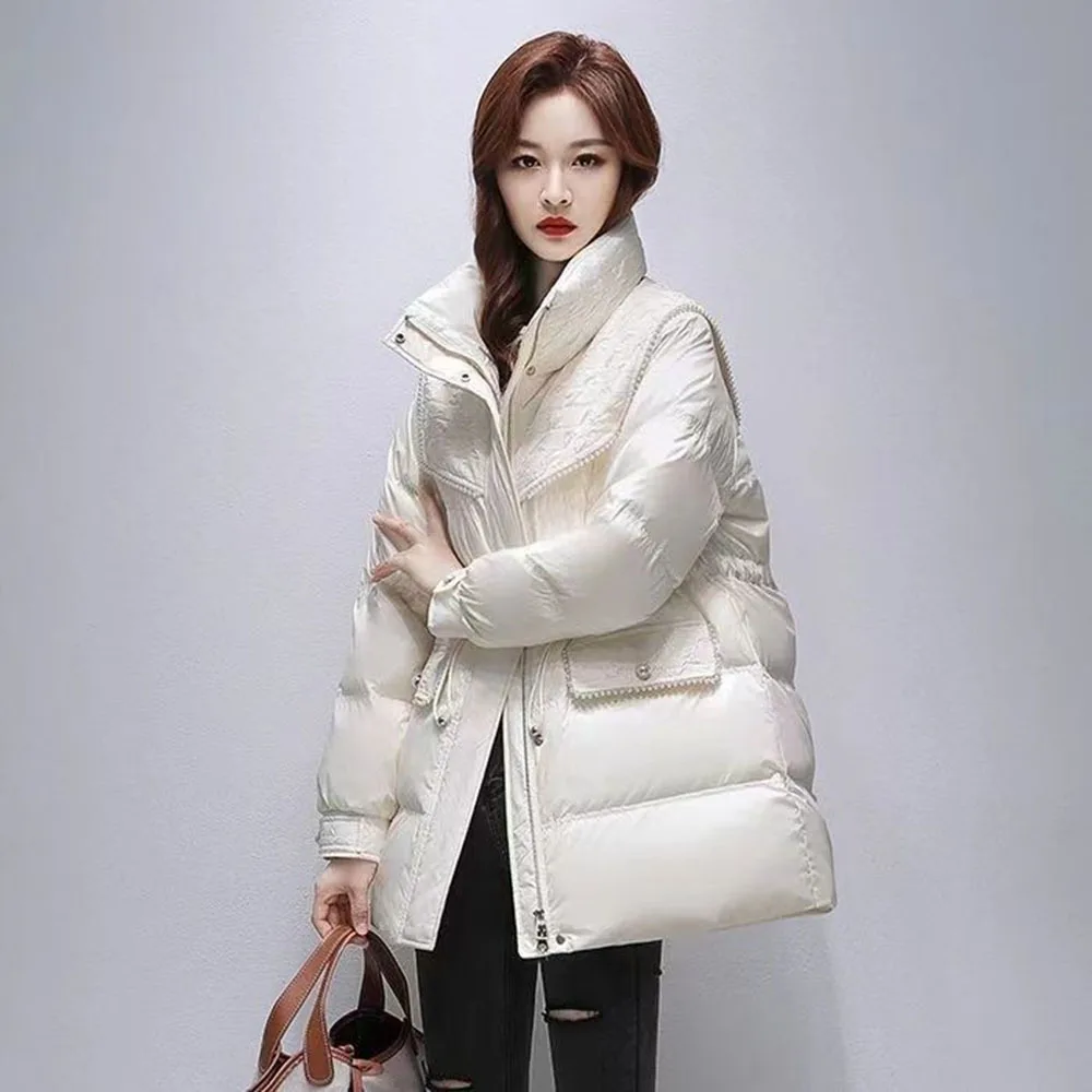 2024 Down Cotton Jacket For Women's Korean Winter Parkas Casual Warm Bread Clothing Female Zipper Cotton Coat Lady White Outwear