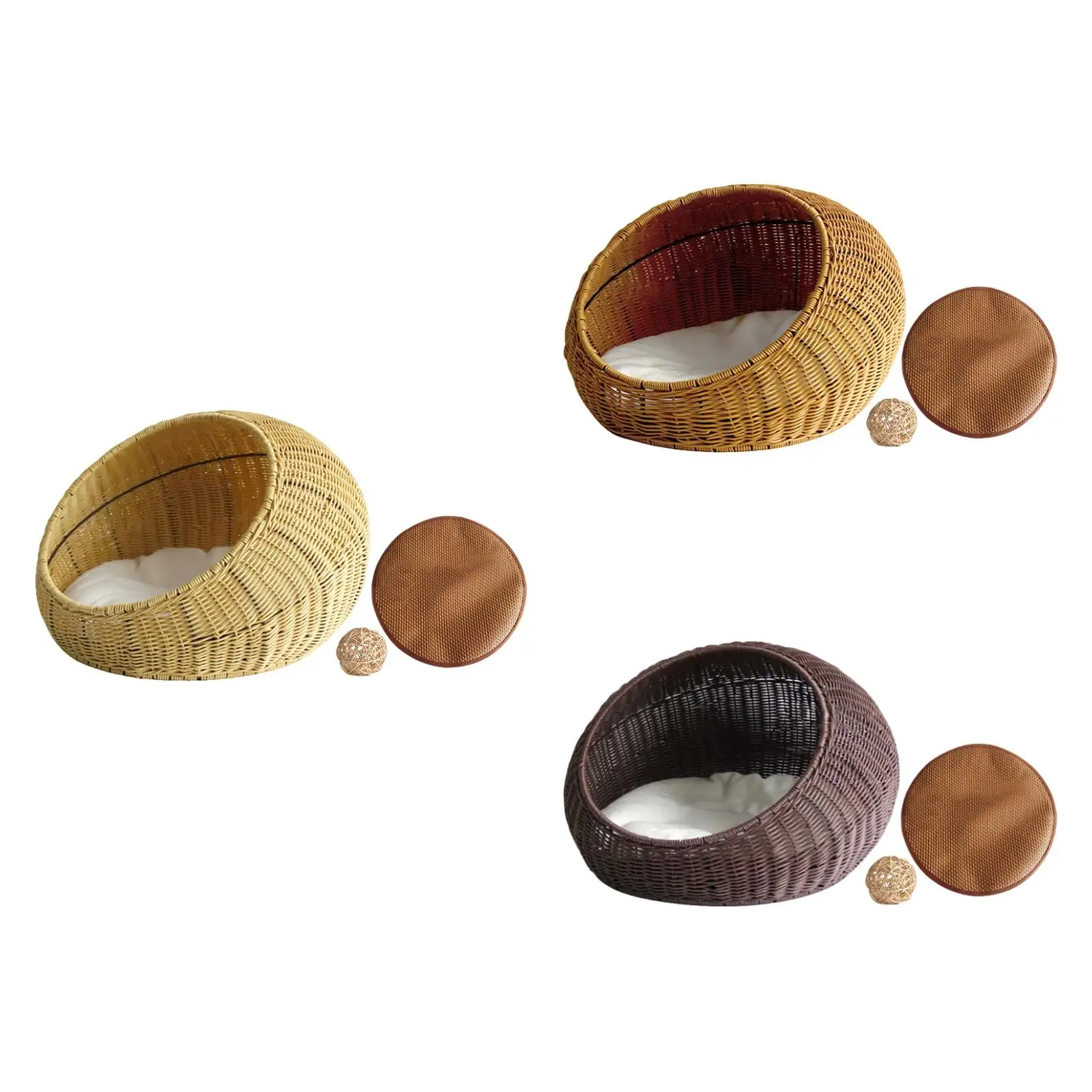 

Cat Basket Bed Imitation Rattan Ventilated with Removable Cushion Cat Nest
