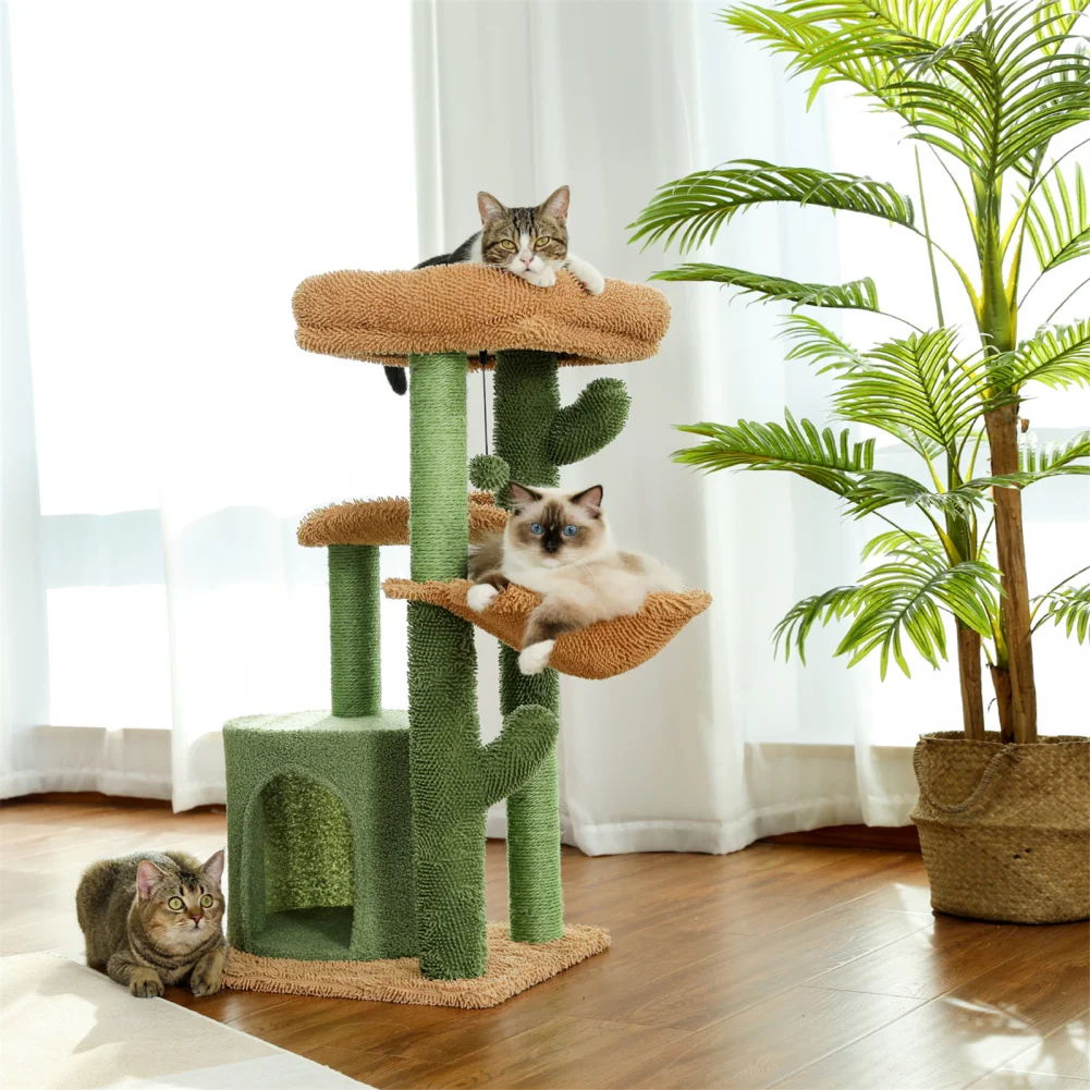 Cactus Cat Tree With Cozy Condos Sisal Scratching Post Cat Tower With Hanging Ball For Small Medium Cats