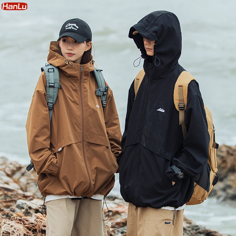 2023 Spring New Hiking Climbing Outerwear Windproof Jacket Hooded Coats Men Women Loose Patchwork Zipper Hat Jackets Plus Size