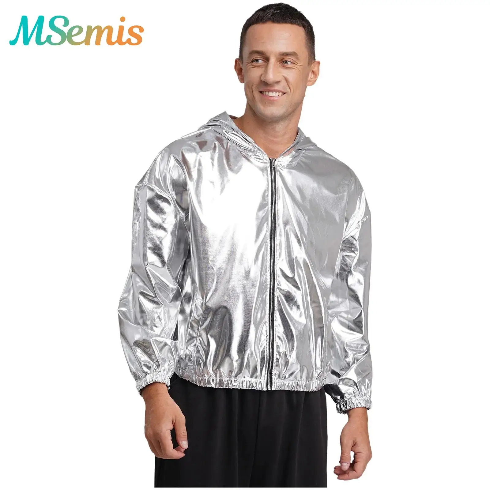 

Мужская голографическая куртка на молнии с капюшоном и длинным рукавом, блестящая металлическая короткая куртка, пальто, клубная одежда, костюм для джазового танца в стиле хип-хоп