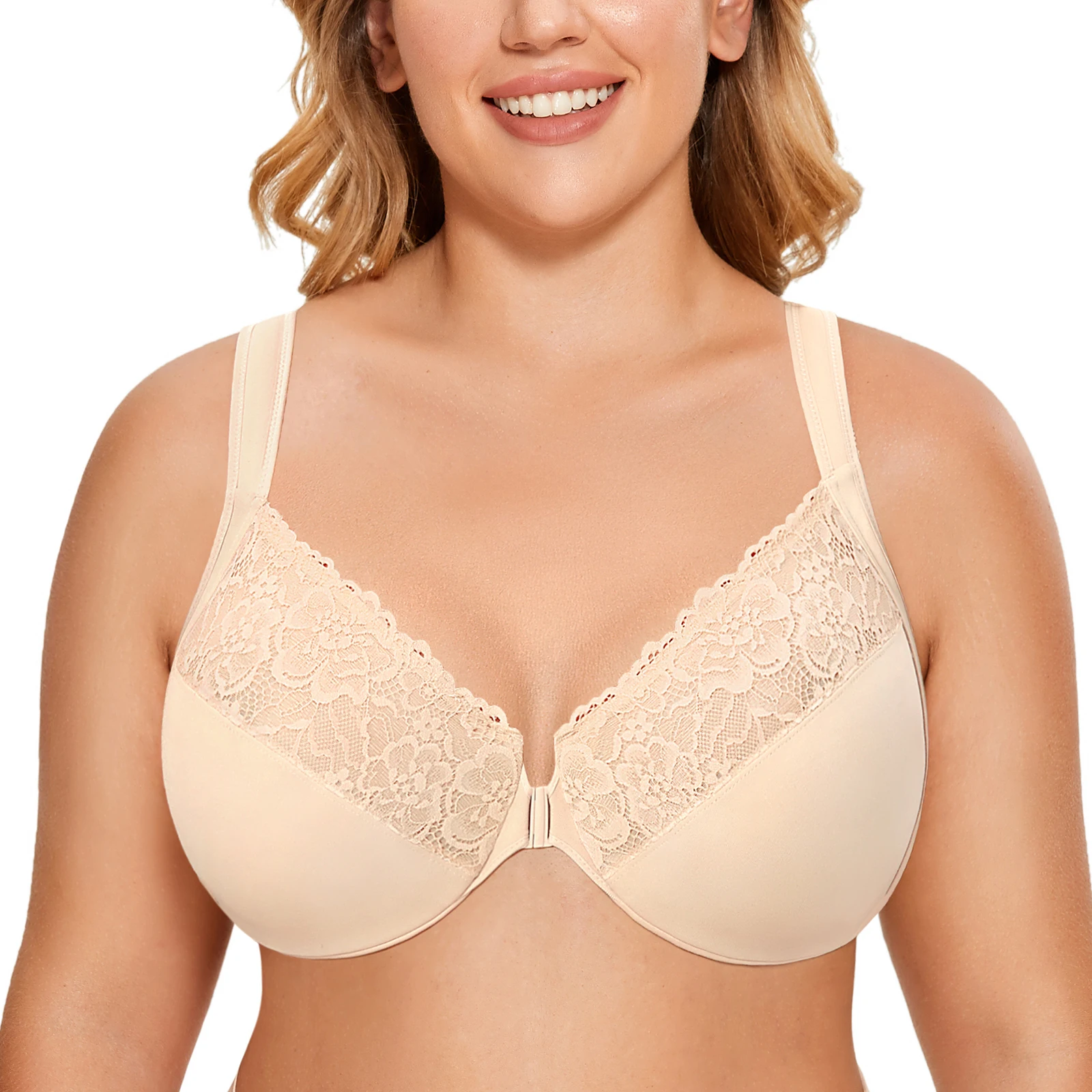 Women's Plus Size Front Closure Bra Lace Floral Full Coverage Cotton Underwire Non padded Smooth B C D DD E F