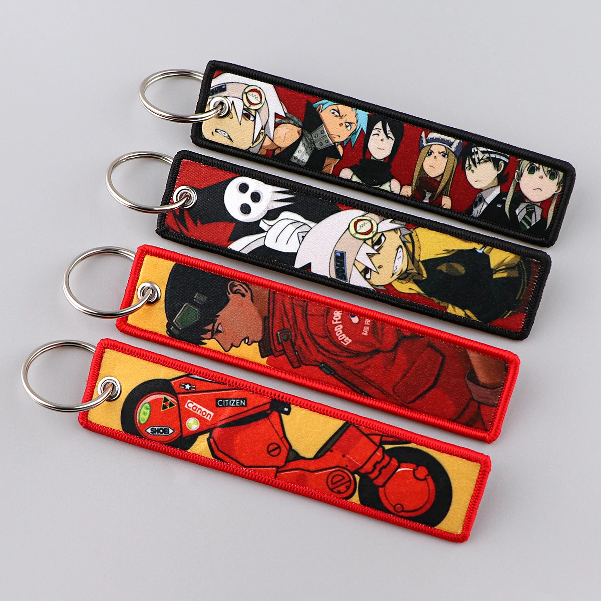 Red Fighting Motorcycle 90s Japanese Anime Cool Keychain for Women Embroidery Keyring Crew Key Fob Key Tags Chaveiro