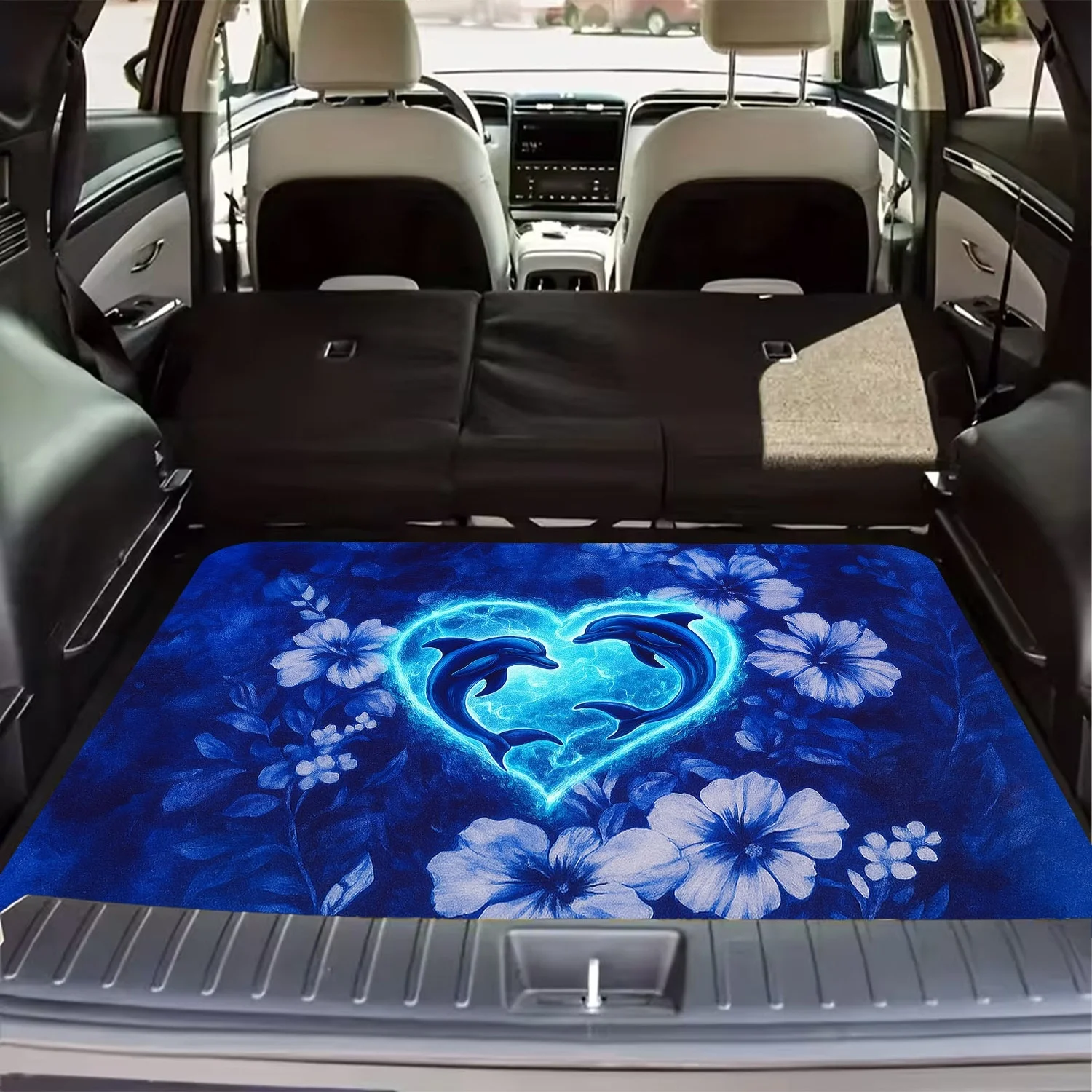 1pc Blue Dreamy Dolphin And Floral Style Car Trunk Mat, Beautiful Printed Pattern, Essential For Travel, Universal Fit For Vario
