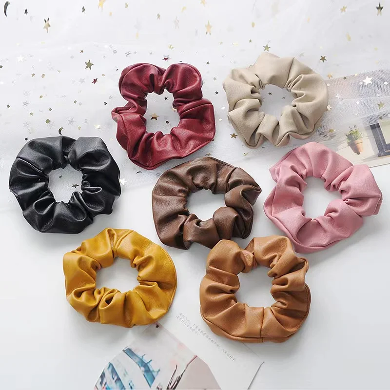 Fashion  Multicolour Rubber bands Leather Scrunchies Solid  For Women Girls Korean Elastic Hair bands Ponytail Hold Hair Accesso