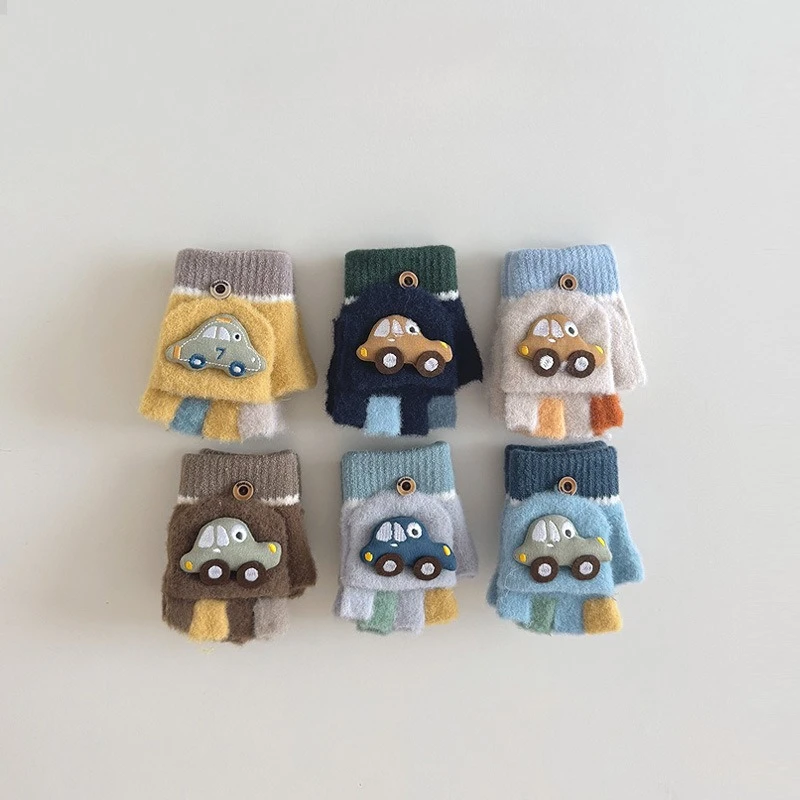 

1 Pair Kids Half Finger Gloves Winter Warm Boys Thermal Mittens with Cool Car Pattern Toddler Baby Anti-Slip Touchscreen Gloves