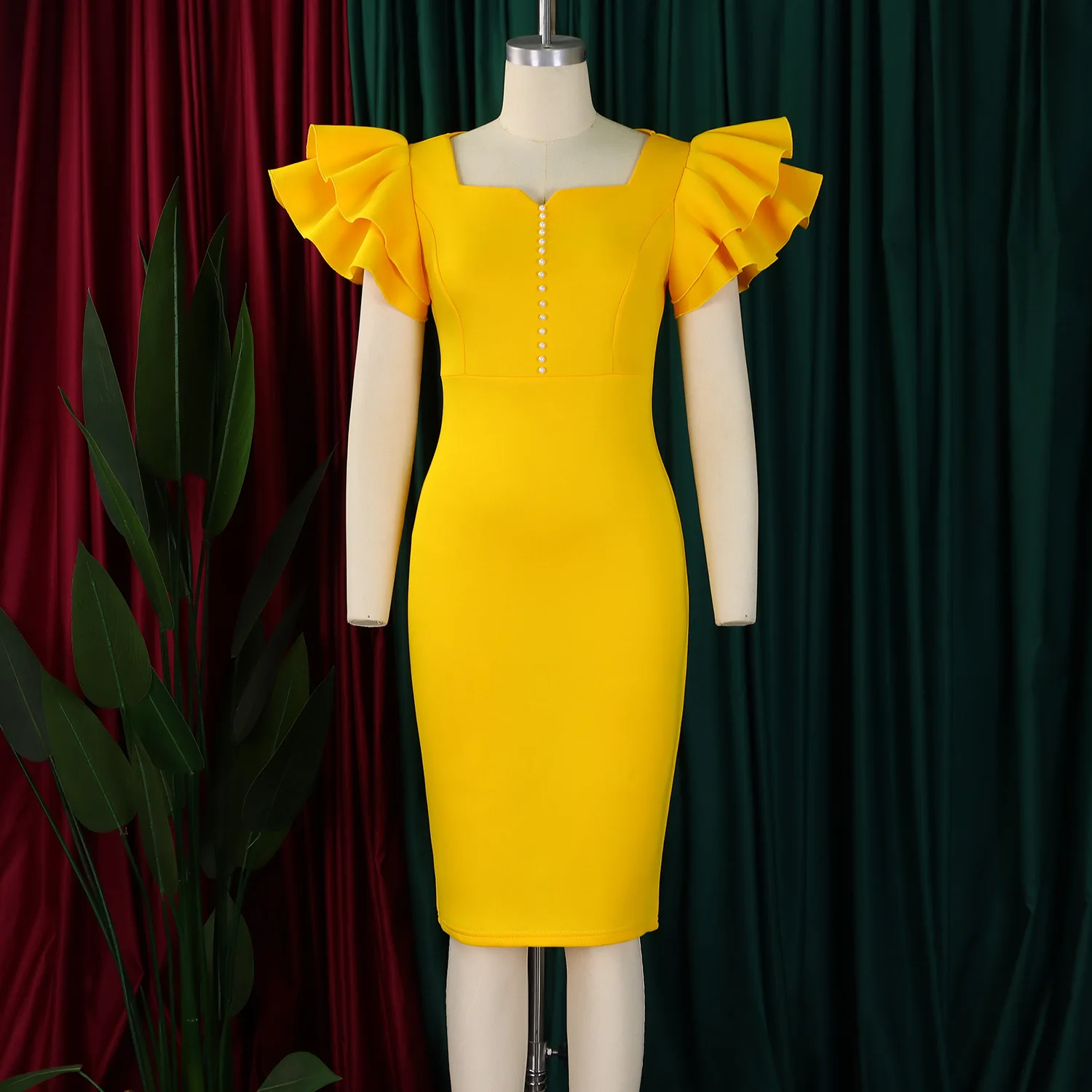 ATR-D575#Wholesale Retail European American Fashion Women's Nail Bead Lotus Leaf Sleeves Hip Hugging Banquet Evening Dress