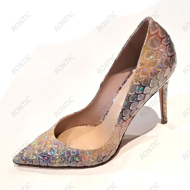 Rontic-deslizamento artesanal em saltos stiletto de peixe para mulheres, bombas de dedo apontado sexy, sapatos de vestido coloridos para senhoras, tamanho 5-13, primavera