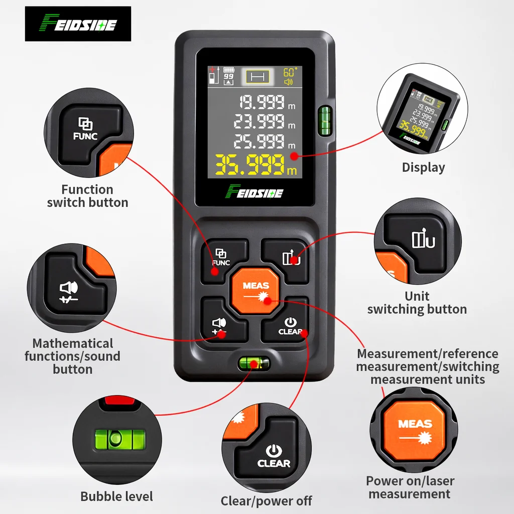 FEIDSIDE 120M Laser Distance Meter Handheld Digital Laser Rangefinder with Bubble Level IP54 Waterproof 99 Data Records