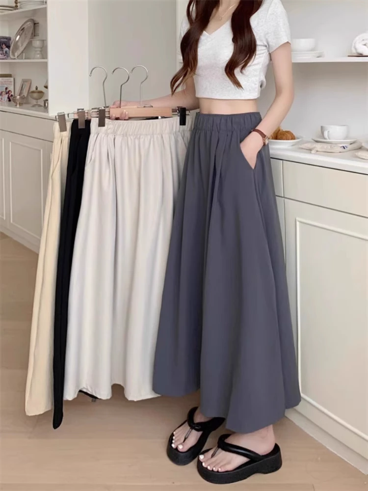 

Gray A-Line Midi Skirt Women's Summer Large Size Midlife Long Skirt Draping Feel Small Size Half Skirt Korean Style Commute Wind