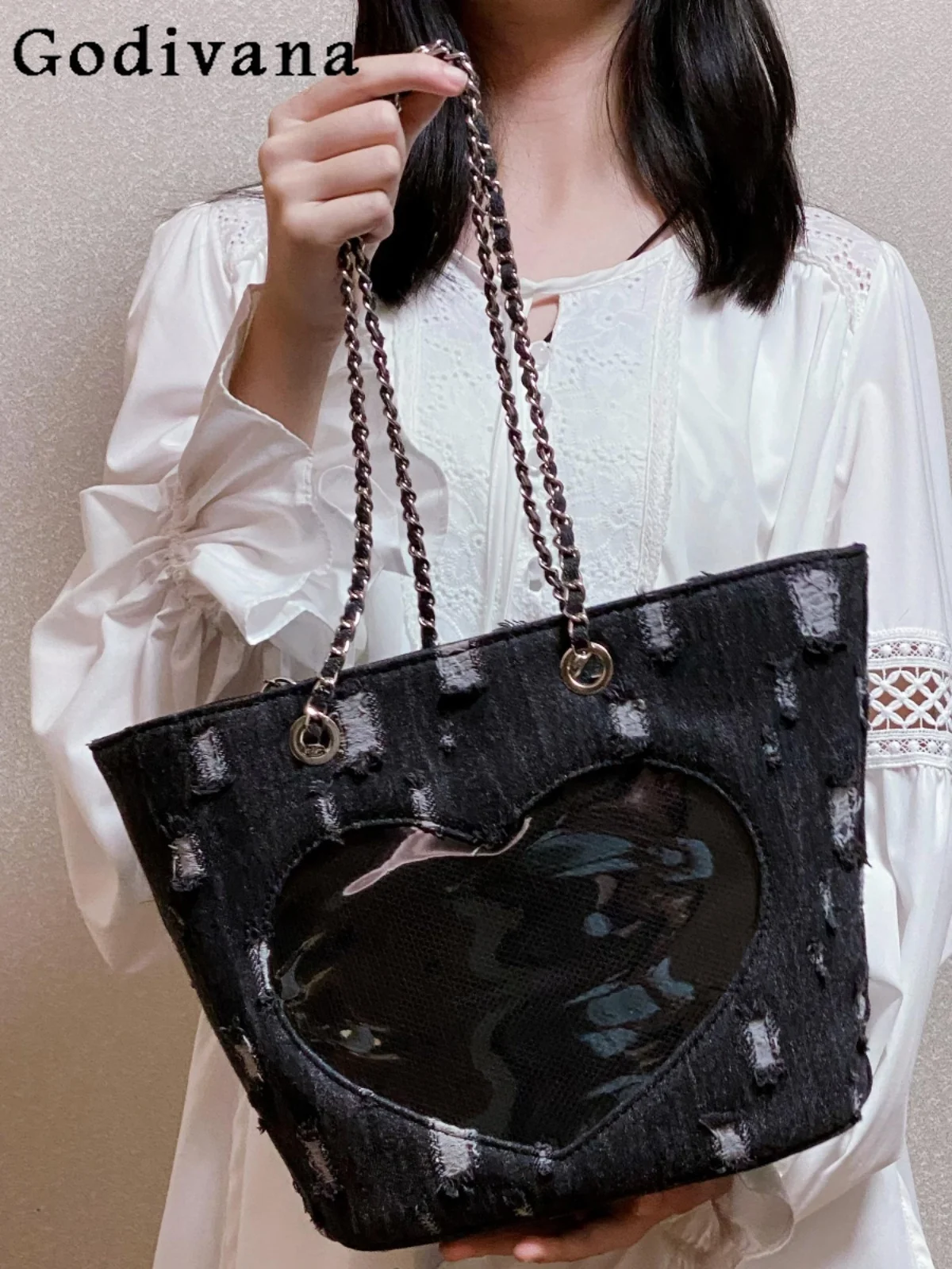 

Japanese Style Original Denim Heart Single Shoulder Bag Large Capacity Daily Commute Fashion Versatile Tote Bag for Women