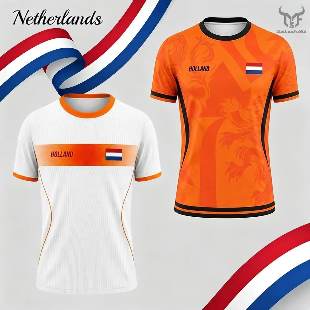 Netherlands Flag Print Football Jersey Outdoor Casual Breathable Short Sleeve Tops Summer Men Gym Sports Training Soccer T-shirt