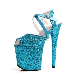 Crossdress Sexy scarpa gotica blu 20cm spogliarellista tacchi alti Peep Toe Pole Dance 8 pollici passerella piattaforma sandali Bling paillettes esotico