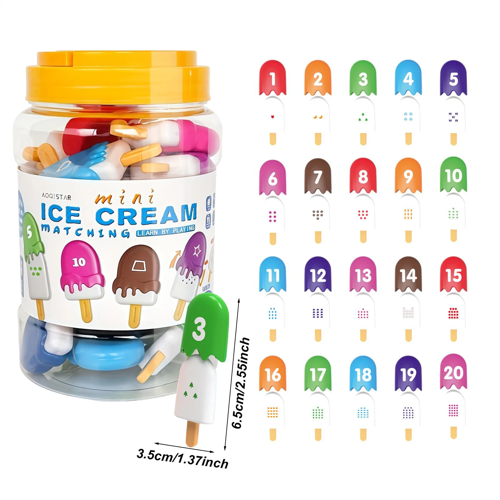 ถังเรียงซ้อนรูปทรงตัวเลขธีมไอศกรีมเพื่อการศึกษาสำหรับเด็ก การรับรู้สีและการพัฒนาทักษะการเคลื่อนไหวที่ละเอียด