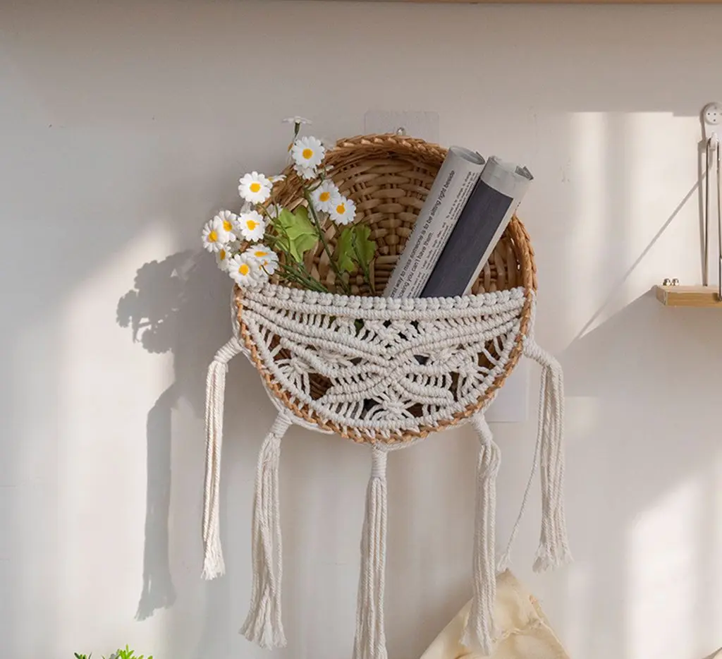 

Rattan Wicker Macrame Wall Hanging Basket, Hand-Woven Cotton Rope Tassel Storage Basket for Home Airbnb Dried Flower Wall Decor