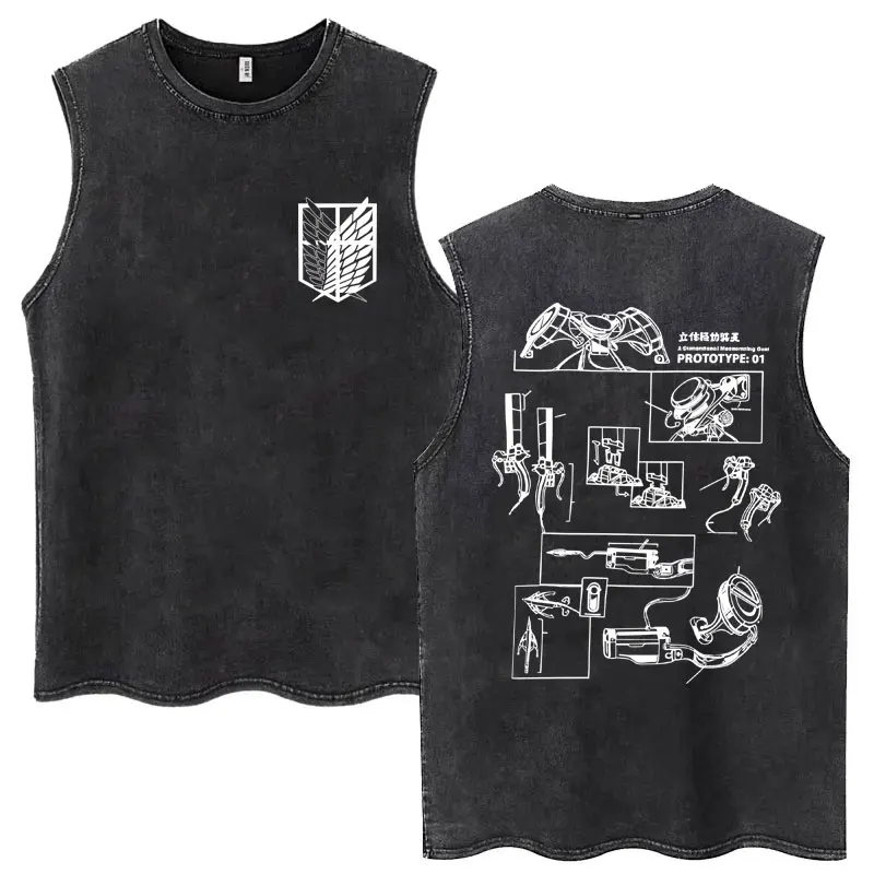 

Japanese Anime Attack on Titan Graphic Vintage Washed Tank Tops Men Manga Oversized Sleeveless T Shirt Men's Fashion T-shirts