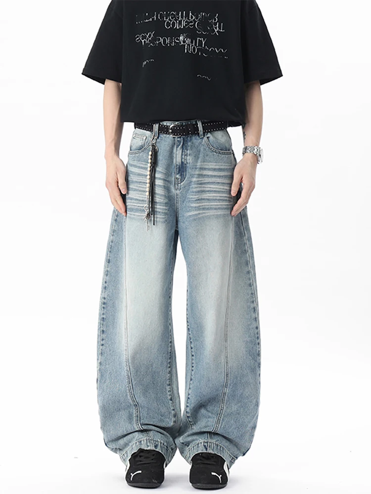

Retro American Washed Blue Jeans Men's Trendy High Street Oversize Loose Wide Leg Pants Knife Distressed Denim Jeans