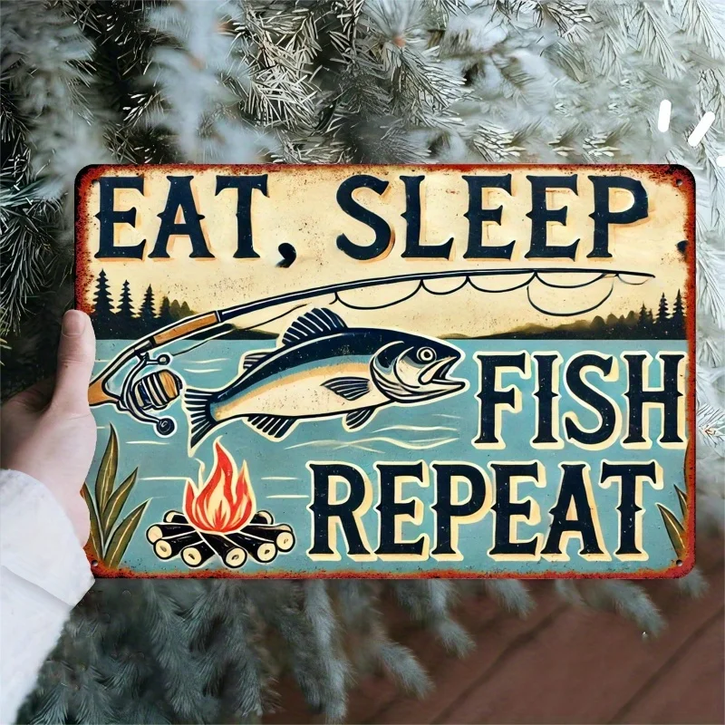 A Vintage-inspired Tin Sign MeasuringThat Says'Eat, Sleep, Fish, Repeat 'is Perfect for Decorating Campgrounds, Fishing Clubs