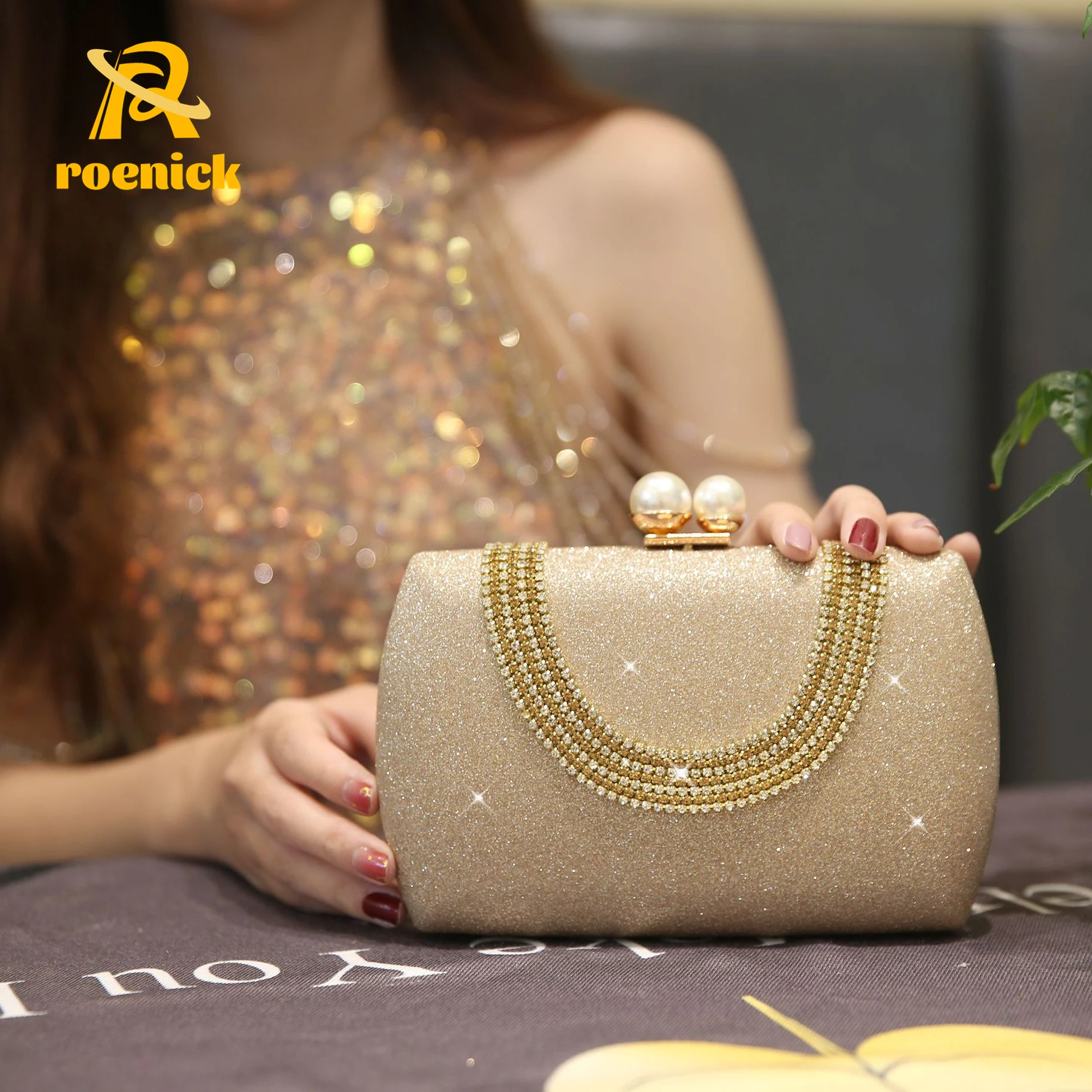 

ROENICK Women Rhinestone Evening Clutch Shiny Pearl Lock Handbags and Purses Banquet Dinner Black Mini Totes Party Minaudiere