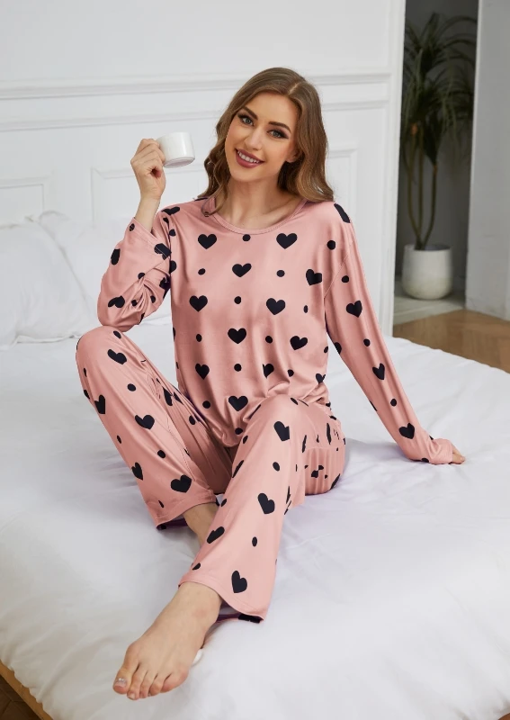 Women\'s Heart print Long Sleeve Tee  and Pants  Autumn Night Sleepwear Pajama Set Long Sleeve Tee with Trousers Lounge Wear