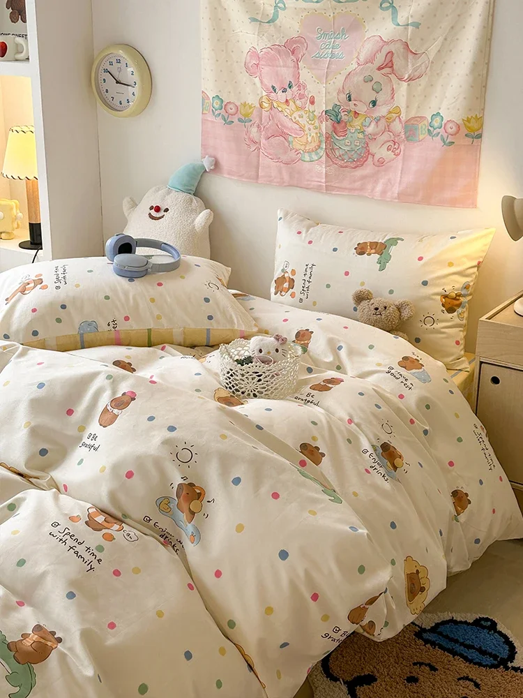 

Cartoon ins wind color polka dots cotton four-piece set girl heart bed sheet quilt cover pure cotton bedding