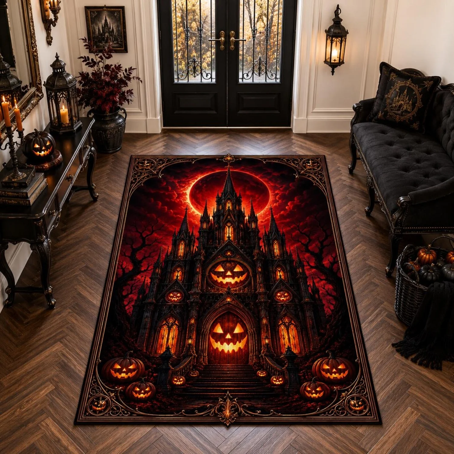 Pumpkin Lantern Castle Carpet, Red Eclipse Carpet, Gothic Halloween Decoration.