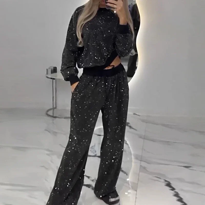 2025 Sexy Sparkling Starlit Sky Women 2 Piece Set Outfit Fall O Neck Sweatshirt Pullover & Long Pant Sets Winter Leisure Suit