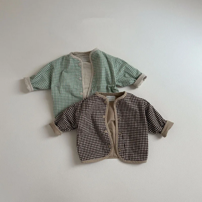 2024 Autumn Baby Coat Kids Boys Double Sided Jacket Toddler Casual Cardigan Cotton Plaid Infant Girls Long Sleeve Outerwear