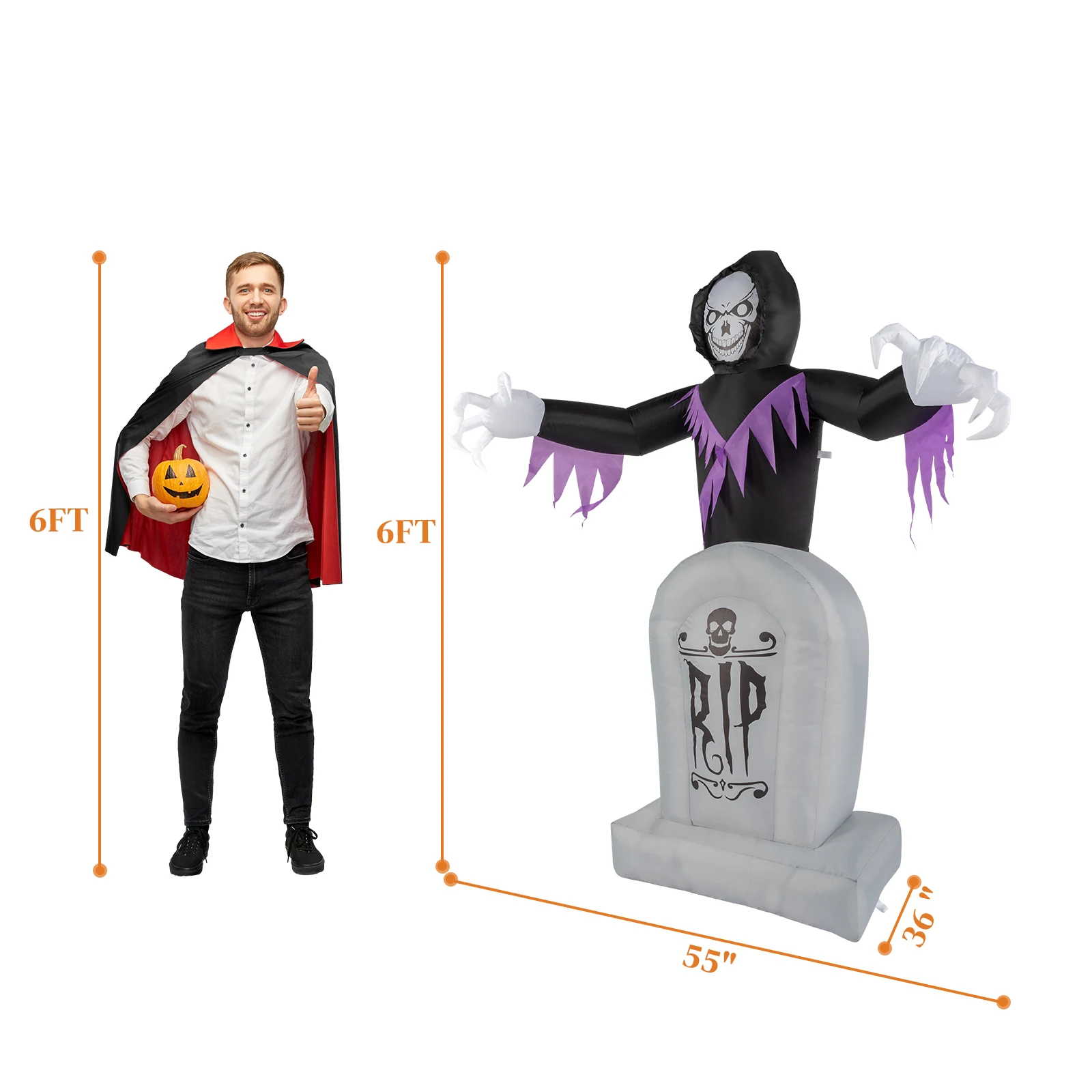 Halloween Pumpkin Decor Led - 高さ約1.8mのハロウィーン用インフレータブル装飾品。墓石、幽霊、カボチャ、骸骨のデザインで、LEDライト付き。屋外用おもちゃ、ホリデーデコレーション、庭のパーティー用。空気を入れて膨らませて使用。
