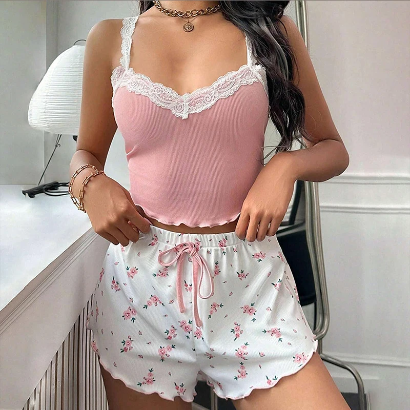 

Camisole Top Printed Shorts Soft Pyjamas Loungewear Women Pajama Set Lace Patchwork V Neck Sleepwear Sexy Nighties Suit